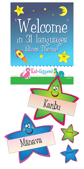 Welcome in 31 Languages Classroom Artwork from Kat and Squirrel